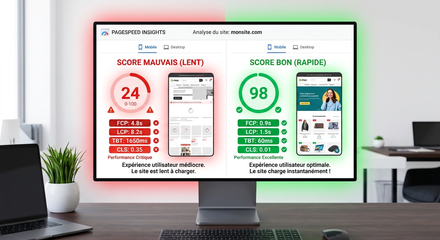 Score PageSpeed Insights mauvais en rouge vs bon score en vert